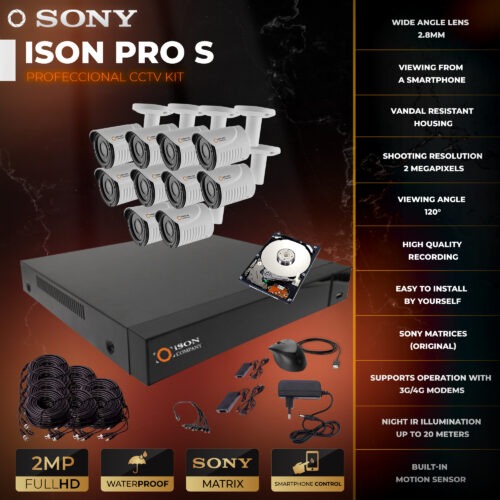 Video surveillance system for 10 cameras 2 megapixels ISON PRO S with hard disk 1tb